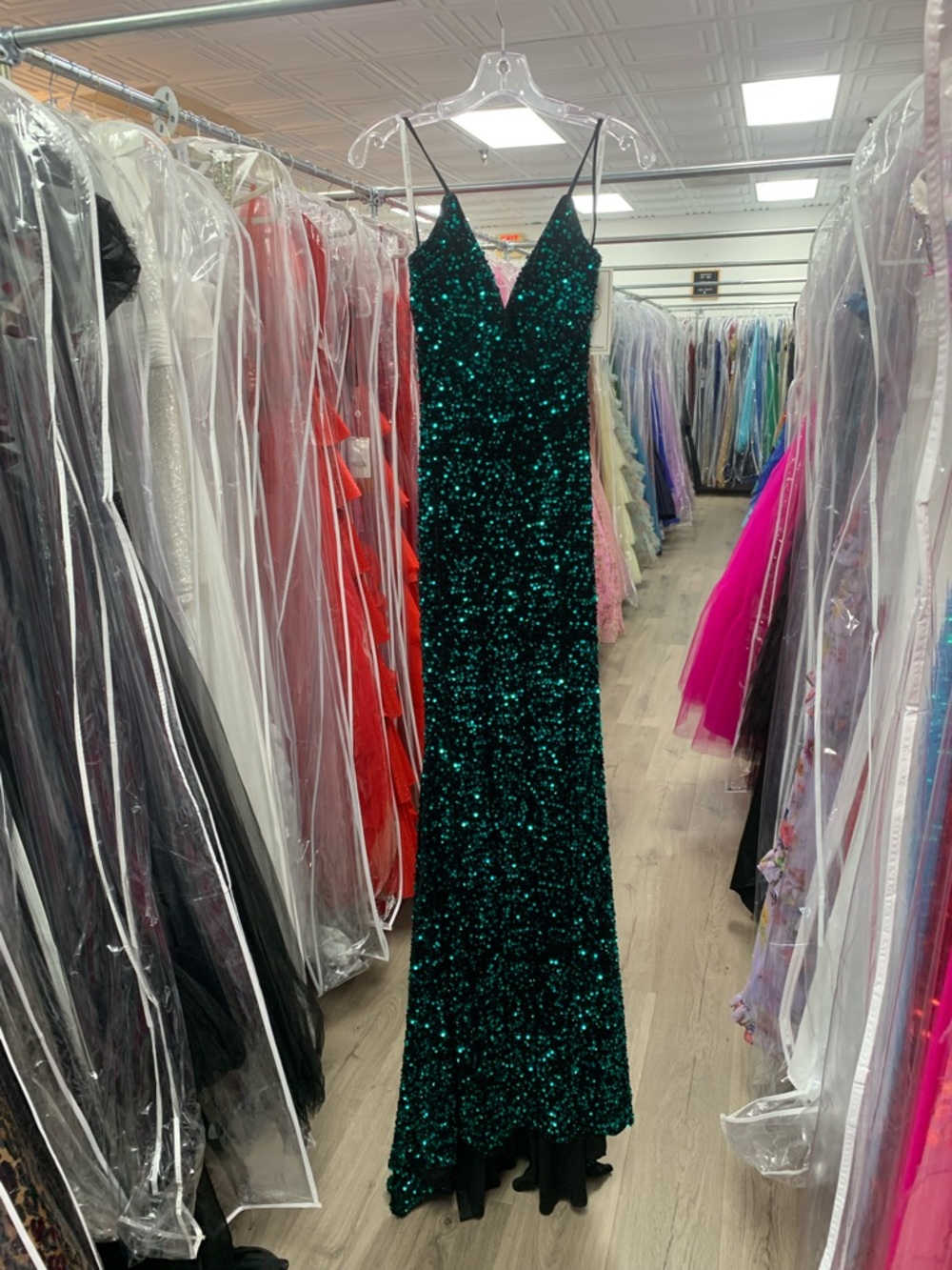 Emerald Sequin V-Neck Prom Gown with Spaghetti Straps